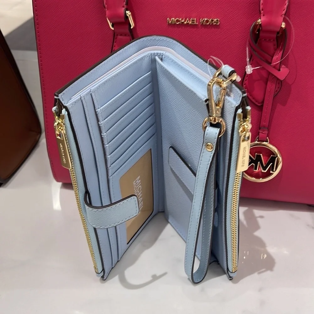 MICHAEL KORS LARGE DOUBLE ZIP WRISTLET WALLET PHONE CASE CLUTCH  Vista Blue